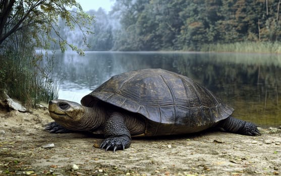 A Stupendemys turtle rests on the sun-dappled, rocky shoreline, its heavily textured carapace blending seamlessly with the rugged, autumnal environment as it basks in the warm afternoon light.