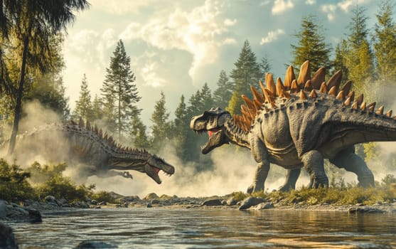 A Stegosaurus, its armored plates reflecting the golden light, emerges from the dense, primeval forest, commanding an awe-inspiring presence in the untamed wilderness.