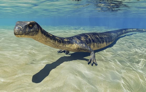 A Tanystropheus reptile cautiously stalks along the sun-dappled banks of a tranquil river, its distinctive elongated neck and watchful gaze scanning the surrounding lush.