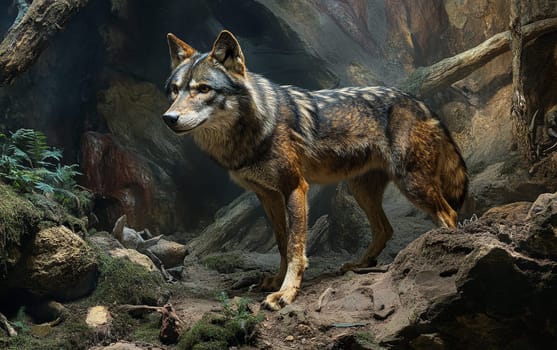 A Theriodictis stands vigilant atop a rocky outcrop, its watchful gaze scanning the dimly lit interior of the cave lair for any signs of intrusion or potential threats.