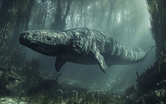 A Tullimonstrum cautiously emerges from the dense, verdant foliage of a primeval underwater forest, its armored carapace and piercing gaze hinting at the concealed strength.