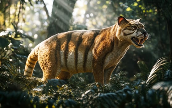 A Thylacosmilus, the apex predator of its time, crouches low in the shadows, its intense gaze fixed on a potential target as it prepares to pounce and dispatch its unsuspecting prey.