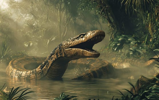 A Titanoboa snake rests coiled atop a moss-covered log, its golden-brown scales blending seamlessly with the dappled light and lush foliage of the verdant, primeval jungle.