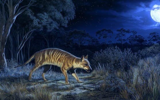 A Thylacine, the mythical Tasmanian tiger, stands alert and watchful in a starlit glade, its sharp senses attuned to the slightest movements or sounds within the serene, otherworldly landscape.