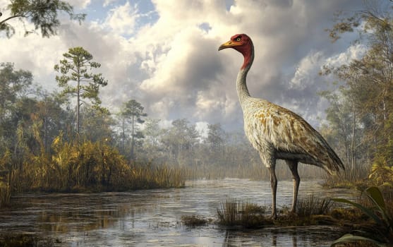 A Titanis Walleri strides purposefully through the shallow waters and tall reeds of a secluded marsh, its powerful limbs and sharp beak hinting at the deadly efficiency of this ancient avian predator.