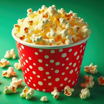 A classic red popcorn tub with white dots, filled to bursting with golden popcorn surrounded by scattered pieces, on a green background. Pure cinema feeling!