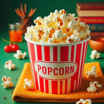 A classic red popcorn tub with white dots, filled to bursting with golden popcorn surrounded by scattered pieces, on a green background. Pure cinema feeling!