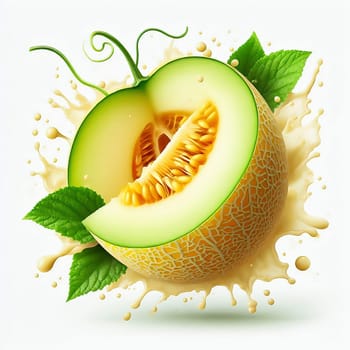 Fresh honeydew melon, surrounded by splashing water and juicy green leaves. Perfect for advertising campaigns on freshness, drinks and tropical indulgence.