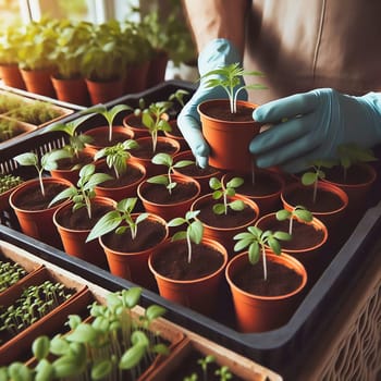 Young seedlings in terracotta pots, carefully arranged in a box. Fresh greenery under warm light - ideal for garden lovers and nature enthusiasts.