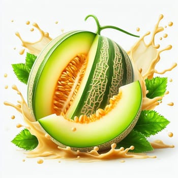 Fresh honeydew melon, surrounded by splashing water and juicy green leaves. Perfect for advertising campaigns on freshness, drinks and tropical indulgence.