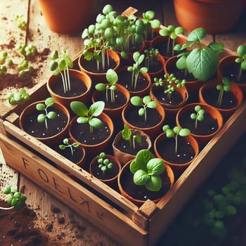 Young seedlings in terracotta pots, carefully arranged in a box. Fresh greenery under warm light - ideal for garden lovers and nature enthusiasts.
