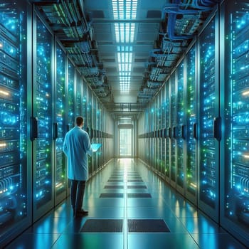 Futuristic server room with endless illuminated racks and a cool atmosphere. High-tech data center for data processing, cloud and network security.