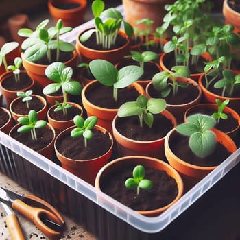 Young seedlings in terracotta pots, carefully arranged in a box. Fresh greenery under warm light - ideal for garden lovers and nature enthusiasts.