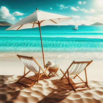 Idyllic beach picture: two deckchairs, parasol, turquoise sea and sand. Perfect for vacation and travel advertising.