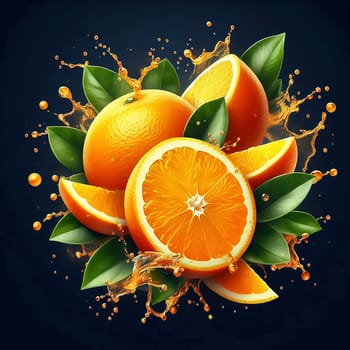 Juicy, halved oranges with refreshing drops of water and green leaves that perfectly reflect freshness and summer enjoyment. Ideal for advertising!