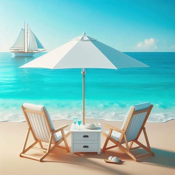 Idyllic beach picture: two deckchairs, parasol, turquoise sea and sand. Perfect for vacation and travel advertising.