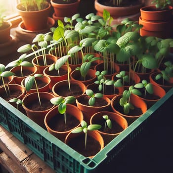 Young seedlings in terracotta pots, carefully arranged in a box. Fresh greenery under warm light - ideal for garden lovers and nature enthusiasts.