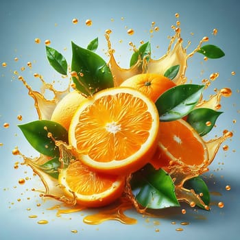 Juicy, halved oranges with refreshing drops of water and green leaves that perfectly reflect freshness and summer enjoyment. Ideal for advertising!