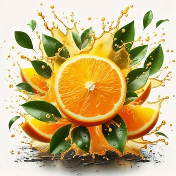 Juicy, halved oranges with refreshing drops of water and green leaves that perfectly reflect freshness and summer enjoyment. Ideal for advertising!