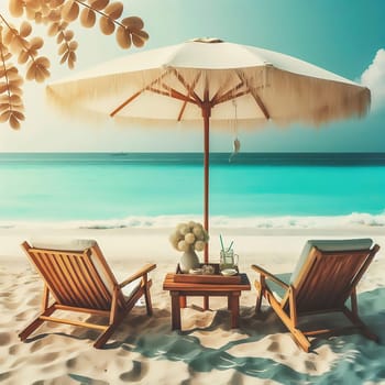 Idyllic beach picture: two deckchairs, parasol, turquoise sea and sand. Perfect for vacation and travel advertising.
