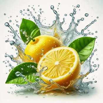 Fresh, juicy lemon, cut in half and surrounded by sparkling water and green leaves. Perfect for advertising, soft drinks and food packaging.