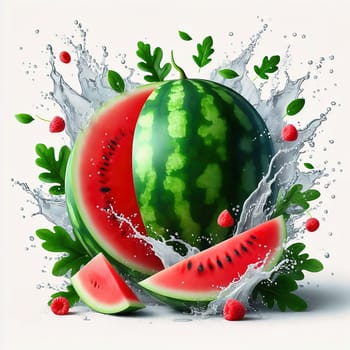 Fresh, juicy watermelon, cut in half and staged with splashing water and green leaves. Perfect for summer advertising or refreshing drinks.