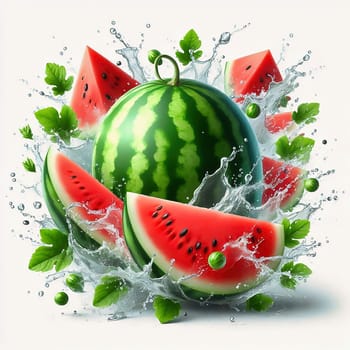 Fresh, juicy watermelon, cut in half and staged with splashing water and green leaves. Perfect for summer advertising or refreshing drinks.