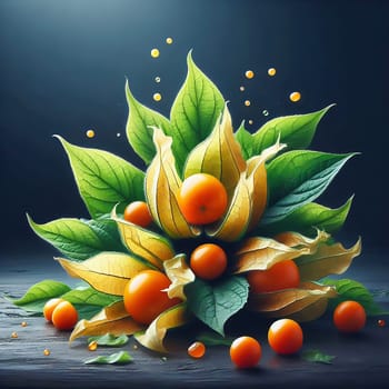 Physalis fruits with bright orange lanterns and green leaves, wrapped in drops of water. Dynamic, fresh, perfect for nature and food marketing.