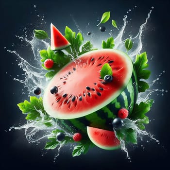 Fresh, juicy watermelon, cut in half and staged with splashing water and green leaves. Perfect for summer advertising or refreshing drinks.