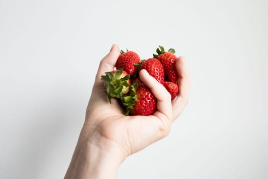 Hand holding fresh red strawberries against white background.