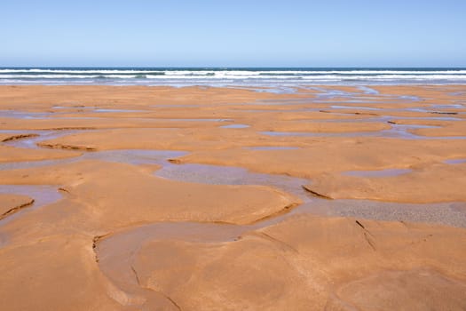 Vast sandy beach with puddles and ocean waves under clear blue sky.