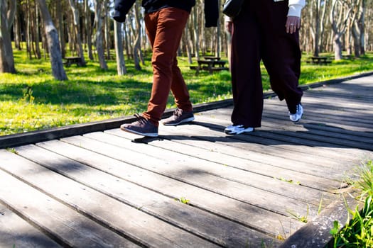 Caucasian adults walking on wooden path in sunlit park with green grass and trees.