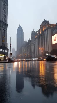 A bustling city street at dusk with wet pavement reflecting the city lights, creating a vibrant urban scene.