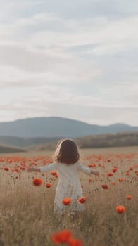 A young girl joyfully runs through a field of poppies, embracing the freedom and beauty of nature.
