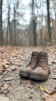 Sturdy hiking boots resting on a leaf covered trail in an autumn forest, capturing the essence of exploration.