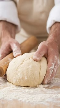 Close up of hands kneading dough on a floured surface, showcasing the art of baking.
