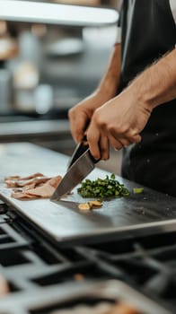 A chef skillfully slicing vegetables on a cutting board, highlighting culinary expertise and precision.