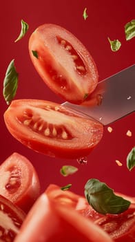 Sliced tomatoes and fresh basil leaves suspended on a knife against a vibrant red background.