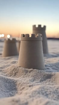 Sandcastles stand on a beach at sunset, their silhouettes highlighted by the warm evening sky.