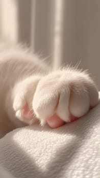 A detailed close up of a fluffy white cat paw with soft pink pads, showcasing its delicate texture and charm.