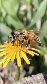A close up of a honeybee collecting nectar from a vibrant yellow dandelion, highlighting pollination.