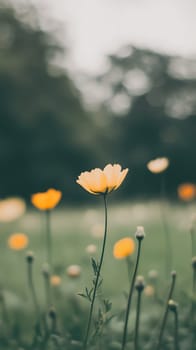 Vibrant wildflowers bloom in a field, their yellow petals standing out against a blurred green background.
