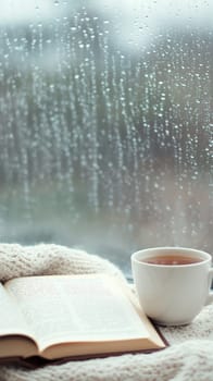 A steaming cup of tea and an open book create a cozy atmosphere next to a rain speckled window.