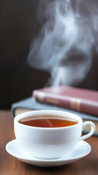 A steaming cup of tea sits beside an open book, inviting relaxation and warmth.