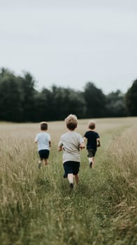 Three boys joyfully run through a green field, embodying the essence of carefree childhood.