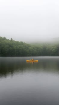 A person in a yellow kayak paddles through a mist covered lake, surrounded by serene forest views.