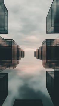 Symmetrical glass buildings reflect each other in a cloudy sky, creating a modern architectural marvel.