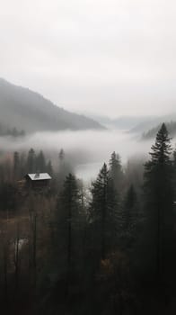 A foggy mountain valley with a wooden cabin nestled among tall trees, creating a serene and mysterious atmosphere.