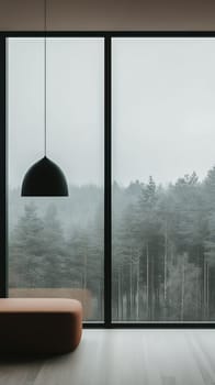 A modern interior featuring large windows with a view of a foggy forest, a pendant lamp, and a cozy bench.