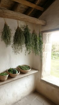 A rustic kitchen with beams and herbs hanging to dry, creating a cozy and aromatic atmosphere.